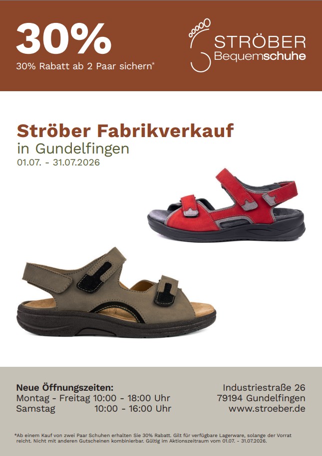 #0012 - 30% Rabatt ab 2 Paar sichern* Ströber Fabrikverkauf in Gundelfingen 01.07. - 31.07.2026 Sandalen, offen Zehe, Klettverschluss, Knöchelriemen, braun